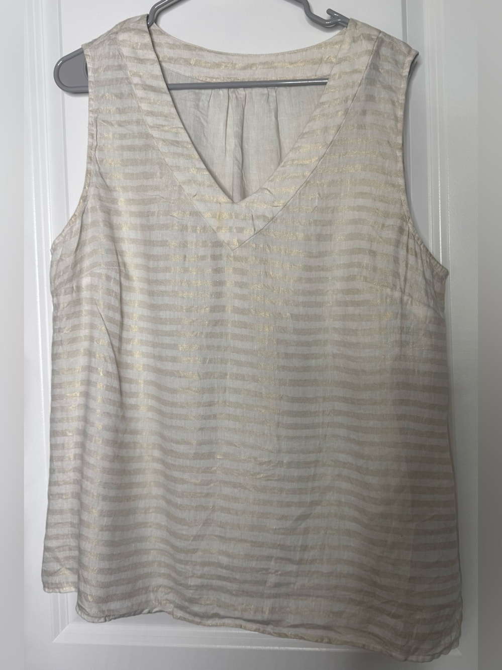 Women's Cream & Gold Striped V-Neck Sleeveless Top 100% linen size xl